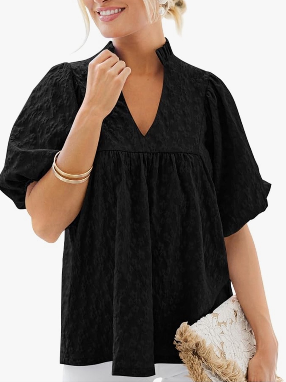 Black V-Neck Puff Sleeve Women's Top